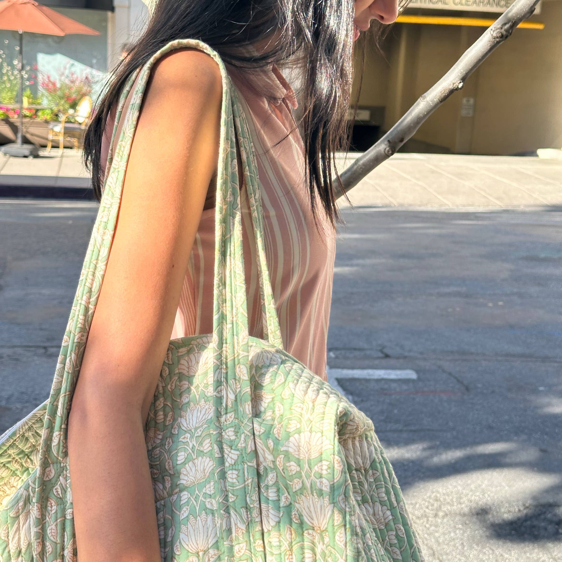 Large Green Mogra Hand Block Printed Quilted Duffle Bag