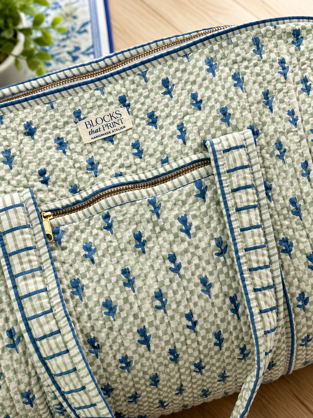 Large Hand Block Printed Duffle Bag - Mogra Green & Blue