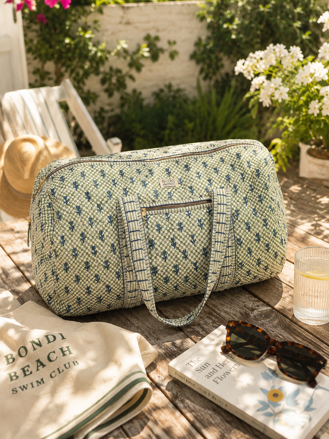Large Hand Block Printed Duffle Bag - Mogra Green & Blue