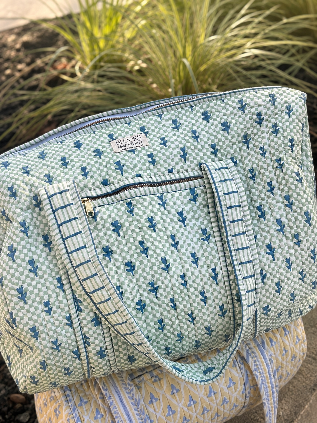 Large Hand Block Printed Duffle Bag - Mogra Green & Blue