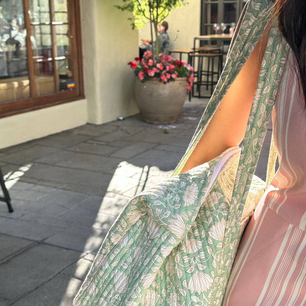 Large Green Mogra Hand Block Printed Quilted Duffle Bag