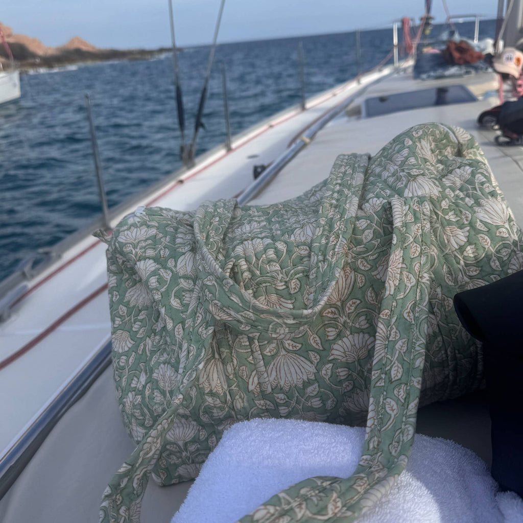 Large Green Mogra Hand Block Printed Quilted Duffle Bag