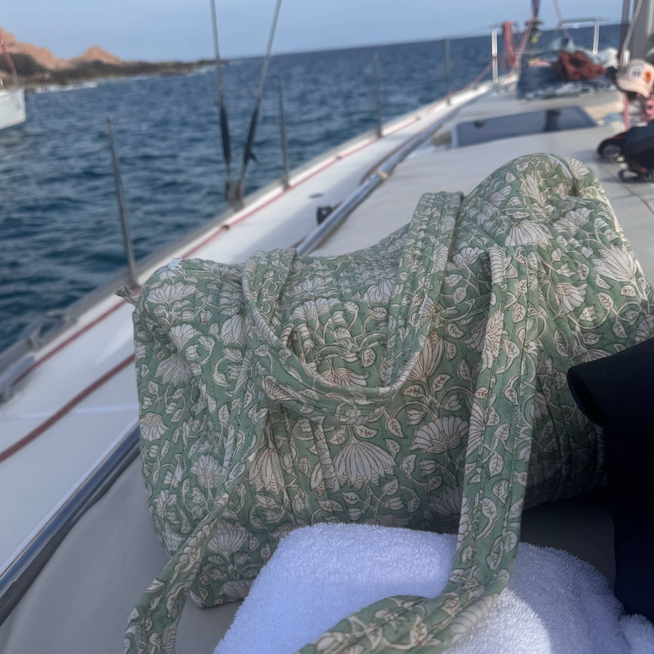 Large Green Mogra Hand Block Printed Quilted Duffle Bag