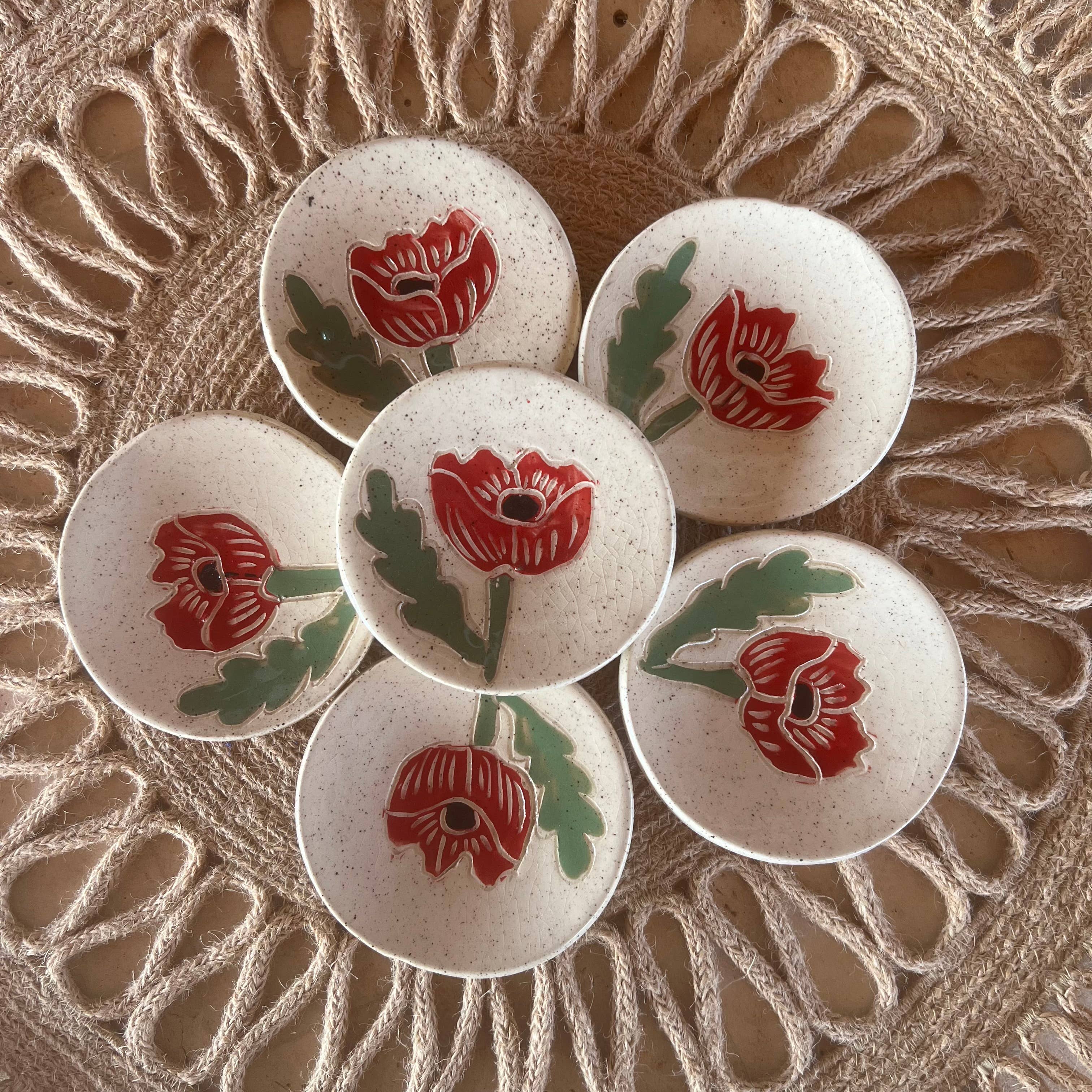 Red Poppy Sgraffito Tea Rest - 3" dish